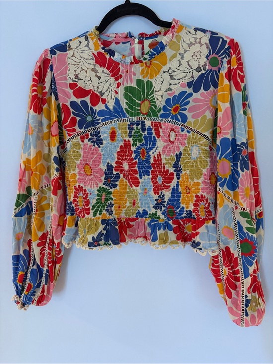 FARM Rio Tops - FARM Rio 100% Cotton Multicolor Floral Lace-Trim Long Sleeve Blouse -Sz XL